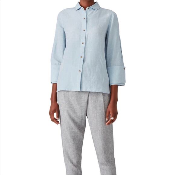 Halston Heritage Powder Blue Coastal Grandma Linen And Viscose Button Down Shirt - Picture 3 of 13